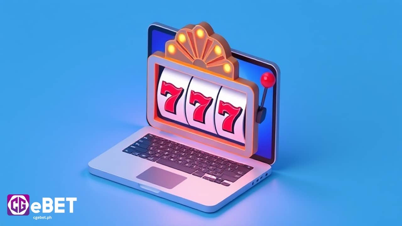 a laptop showing a slot machine with a 777 with it