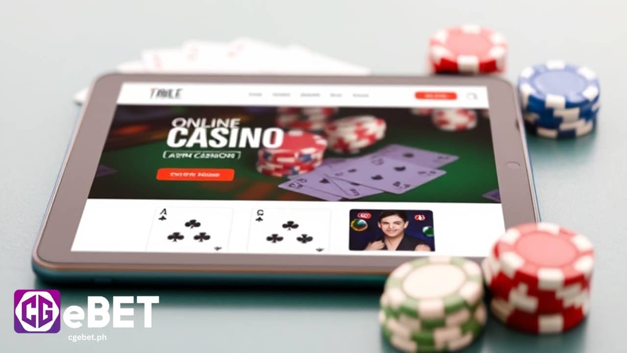 A tablet with playing cards and casino chips on the side that displays an online casino website